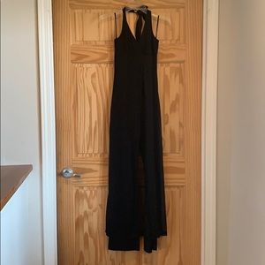 One piece pant suit that tie neck sheer overlap